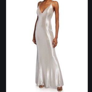 Aidan Mattox Metallic V-Neck Foiled Knit Gown